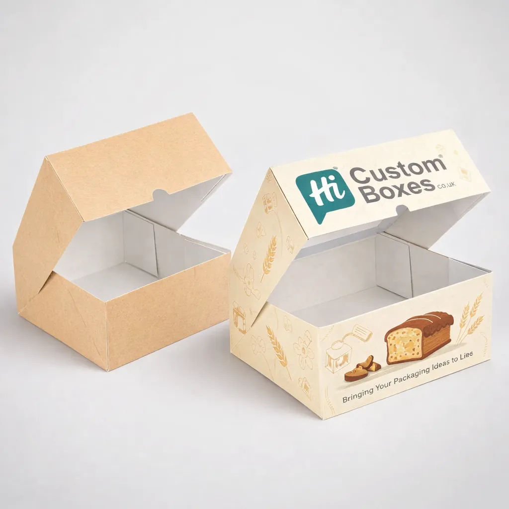 Two white rectangular boxes with flip lids, one plain and one with custom loaf cake branding.